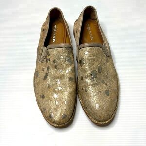 Trask Ali Bone Acid Washed Metallic Hair Calf Flat